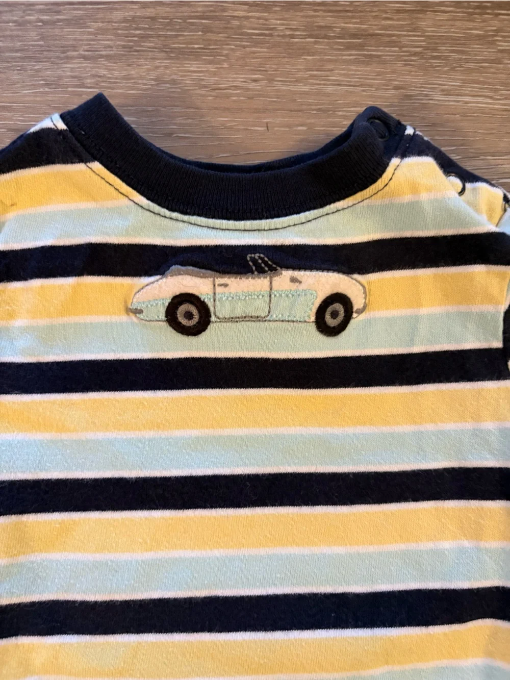 Janie and Jack VINTAGE Yellow, Navy & White StripED Onesie with Car Applique